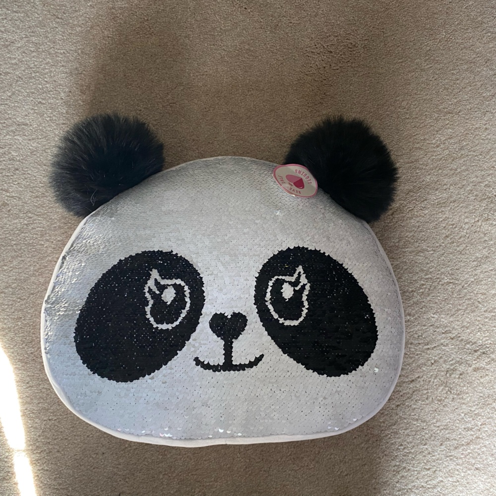 Justice Sequin Panda Pom Pom Cushion - White & Black